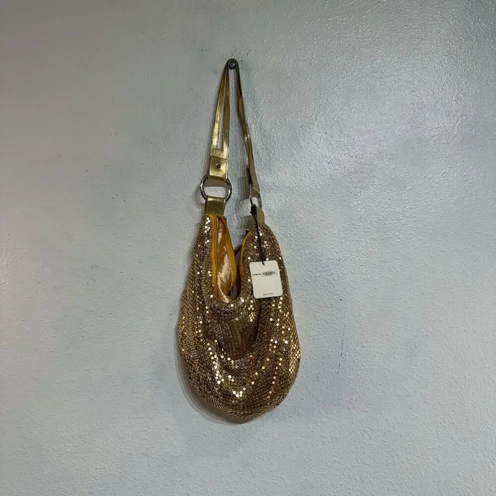 Hananel Gold Metallic Mesh Slouchy Chainmail Y2K Hobo Bag NWT